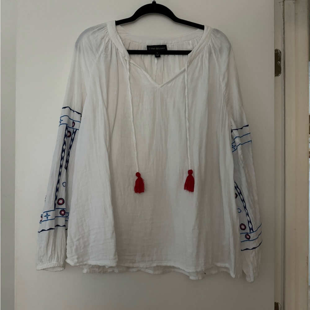 Lane Bryant White Blouse with Red and Blue Accents